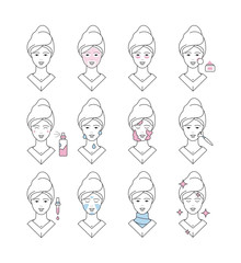 Canvas Print - Skin care icon. Face cream soap washed collagen eye creme makeup line cleanse pore vector symbols. Illustration care face skin, girl facial cosmetic mask