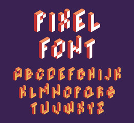 Wall Mural - Pixel font. Retro block alphabet game in retro style 90s cubic letters vector isometric font. Illustration alphabet block letter type 3d