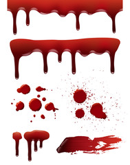 Canvas Print - Blood drops. Horror death symbols bloody splashes liquid splatter vector realistic collection. Illustration bloody bleeding, stain and fluid dribble