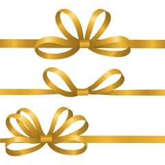 Sticker - Gold silk ribbons. Satin bows vector elements. Realistic ribbons for gift wrapping isolated on white background. Bow satin or silk to birthday gift illustration