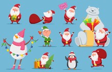 Santa Claus Set. Christmas Characters. Cute Santa, Polar Bear, Penguin Vector Illustration. Penguin Christmas, Snowman Xmas And Elf