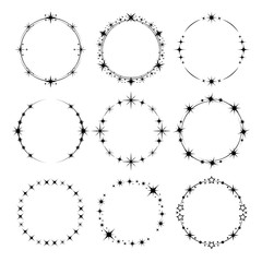 Sticker - stars frame. circle shapes with stardust round stars vector collection. star circle monochrome, swir
