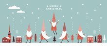 Horizontal Christmas Card, Seasons Greetings, Cute  Gnomes In Red Hats 