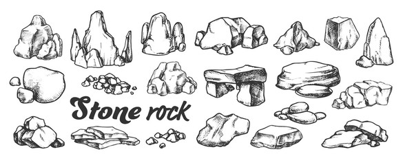 Wall Mural - stone rock gravel collection monochrome set vector. different stone, gravel and pebble. natural rock