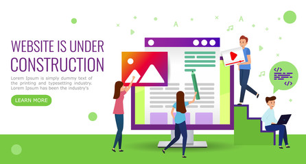 Wall Mural - illustration website under construction. programmers, designers, video editors, copywriters build a 