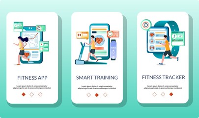 Wall Mural - Fitness mobile app onboarding screens vector template