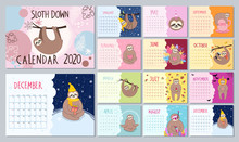 Monthly New Year 2020 Calendar With Cute Sloth Characters In Cartoon Style