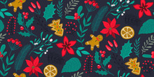 Vector Seamless Pattern With Traditional Christmas Plants, Flowers