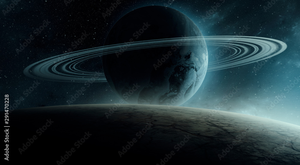 surreal space 3d illustration, planet with rings rising over horizon (no NASA images used) - obrazy, fototapety, plakaty 