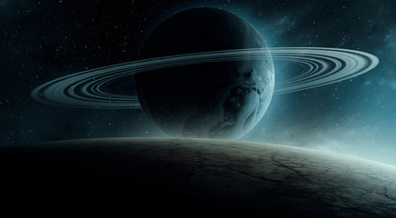 surreal space 3d illustration, planet with rings rising over horizon (no NASA images used)