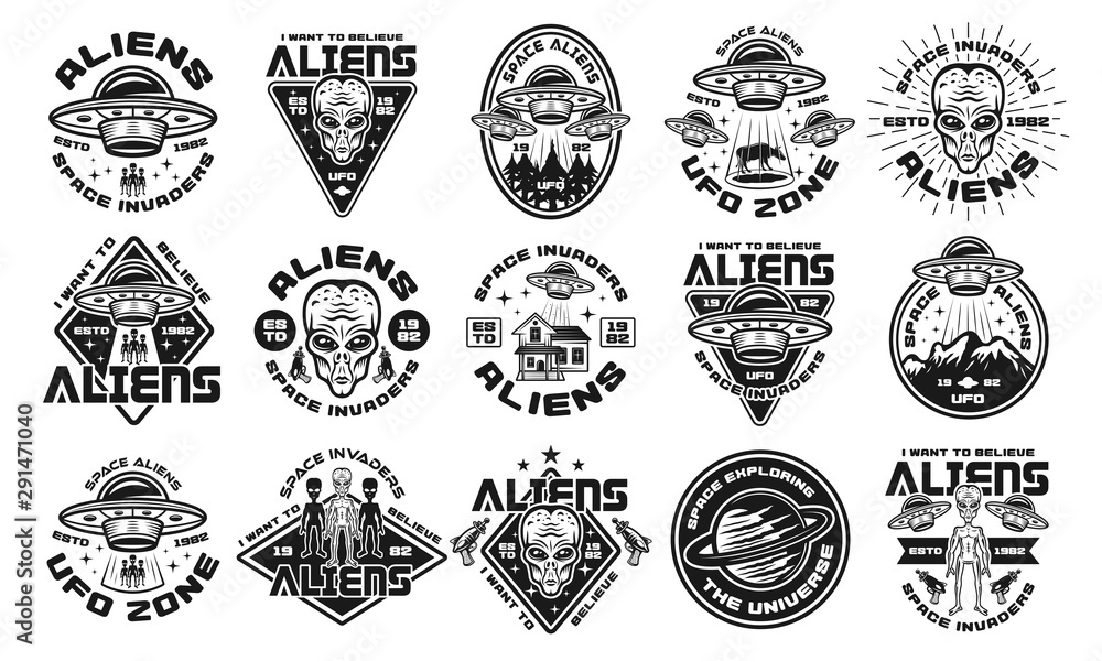 Aliens and ufo set of vector monochrome emblems - obrazy, fototapety, plakaty 