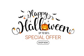 Happy halloween sale illustration. Vectorbanner with lettering,fall, smiling pumpkin,bats and spiders. Trick or treat. Special offer