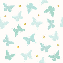 Butterflies With Glitter Polka Dots Seamless Pattern Background. Cute Cartoons. Girly. Vector