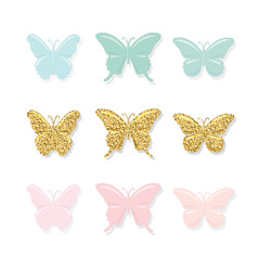 Wall Mural - Butterflies set. Cute cartoons. Gold glitter, pastel pink and blue. Girly. Vector