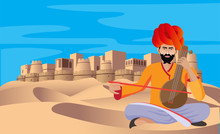 Cultural Rajasthani Folk Musician Playing Music Instrument In Desert , Fort In Background