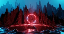Sci Fi Alien Planet Landscape Futuristic Rock Surreal Lighting Space Travel Glow Ring Red Neon Light 3D Rendering