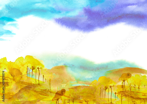 Watercolor Autumn Forest Silhouette Of Trees Bushes Field Country View Postcard Logo Card Drawing Of Yellow Orange Trees On A Grasscountry Landscape Blue Cloudy Sky Autumn Foggy Forest Buy This Stock