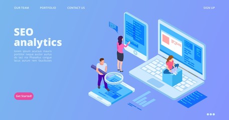 Poster - SEO analytics landing page. Isometric SEO optimization vector concept. Analyst service web page template. Illustration analytics seo website interface