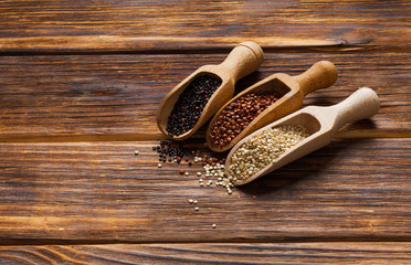 Canvas Print - White, red and black quinoa seeds in the scoops