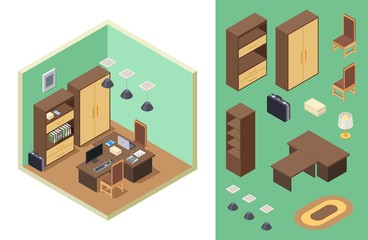 Canvas Print - Home office isometric. Vector office room interior with desk, shelf, computer, laptop, chairs. Isometric furniture collection. Office furniture desk, chair, table illustration