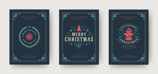 Wall Mural - Christmas greeting cards set vintage typographic design, ornate decoration symbols with winter holidays wishes