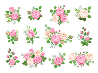 Canvas Print - Rose bouquets. Red, white and pink roses, flower elements with green leaves and buds. Watercolor wedding floral romantic vector decor. Floral leaf blossom, bouquet wedding summer illustration