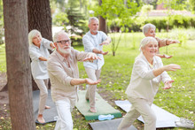 Smiling Senior People Doing Qigong Exercise Outdoors