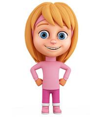 Cartoon character little girl hands in hips on a white background. 3d render illustration.