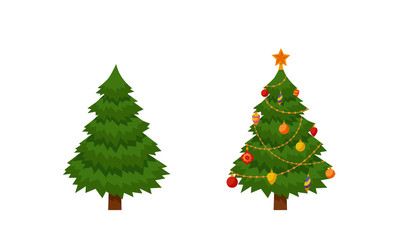 christmas tree with lights and presents. fir tree before and after decoration. colorful cartoon noel
