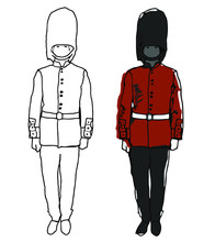 The Drawing Of A Soldier Of The British Royal Guard In A Red Uniform During The Service. Drawing In Color And Simple Line.