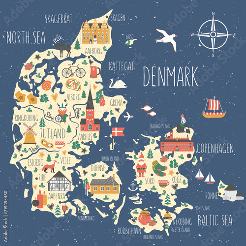 Fotografía Kingdom of Denmark map vector, Nordic country geographic banner template, landma