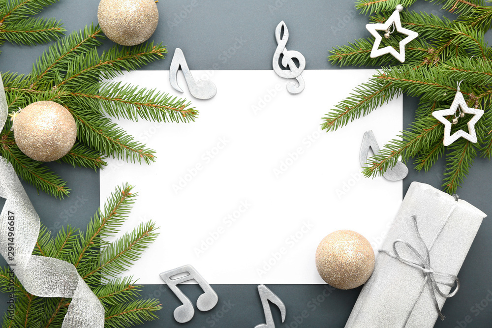 Blank paper card, notes and Christmas decor on grey background