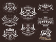 Tattoo emblems, badges and logo collection. Set of tattoo shops and salon labels and sign. Vector hand drawn illustrations in engraving style