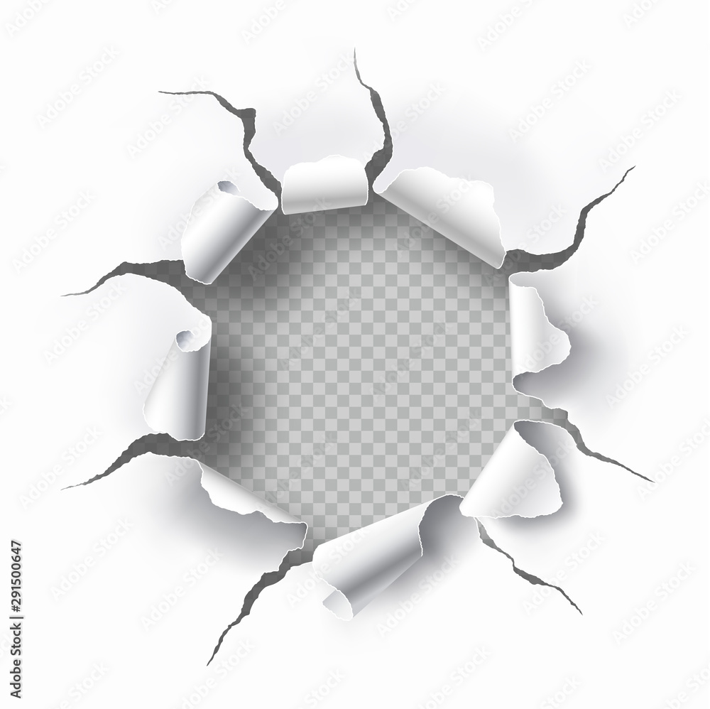 Torn hole with transparent background in the sheet of white paper. Space for text - obrazy, fototapety, plakaty 