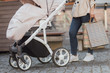 © Тарас Нагирняк - Close up photo, shopping with baby in stroller, woman holding shopping bags.