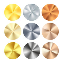 Golden Silver And Bronze Radial Gradient Set. Collection Of Shiny Bronze Silvery And Gold Pattern. Realistic Metallic Foil. Vector Illustration