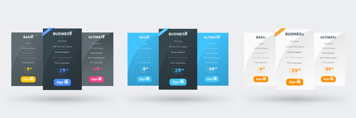 Wall Mural - pricing table design template for websites and applications. set of three different color variations