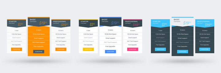 Wall Mural - pricing table design template for websites and applications. set of three different color variations