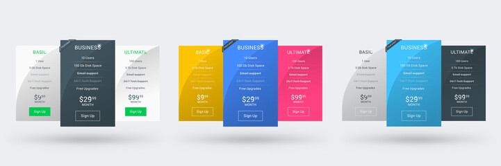 Wall Mural - pricing table design template for websites and applications. set of three different color variations
