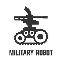 Military Robot Icon Army Tracked Autonomous Self-drive Vehicle Platform With A Machine Gun Or Weapon Symbol.
