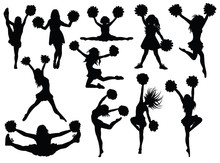 Set Of Silhouette Cheerleaders. Collection Of Black And White Silhouettes Of Girls From A Support Group. Vector Illustration Of Cheerleaders.