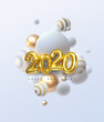 Happy New 2020 Year. Holiday vector illustration of golden metallic numbers 2020 and abstract balls or bubbles. Realistic 3d sign. Festive poster or banner design. Party invitation