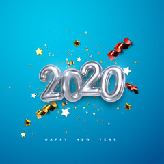 Poster - Realistic 2020 silver numbers and festive confetti, stars and streamer ribbons on blue background. Vector holiday illustration. Happy New 2020 Year. New year ornament. Decoration element with tinsel