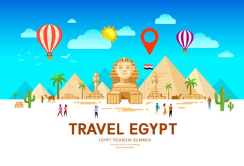 Wall Mural - Egypt travel people vector. Pyramid traditional design. summer holiday on sky and clouds with point markers design background, illustration