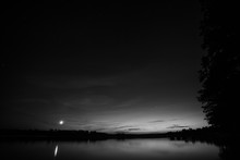 Night Sky Over The Lake, Black And White Image