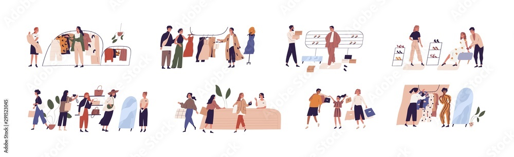 People shopping flat vector illustrations set. Happy boutique customers and friendly sellers cartoon characters. Clothing sale, consumerism concept. Garments shop, apparel retail business. - obrazy, fototapety, plakaty 