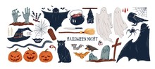 Halloween Symbols Hand Drawn Vector Illustrations Set. Jack Lanterns, Black Cat, Spider Web And Bats. Spooky Autumn Holiday Accessories. Witch Hat, Vampire, Ghost And Zombie On White Background
