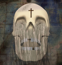 Dark Art. Spiritual Composition. Holy Death. Shining Skull With Wings And Cross
