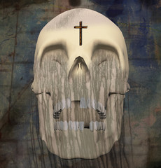 Sticker - Dark art. Spiritual composition. Holy Death. Shining skull with wings and cross