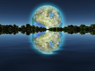 Wall Mural - Surreal digital art. New Home. Green trees in the water. Giant terraformed moon in the sky